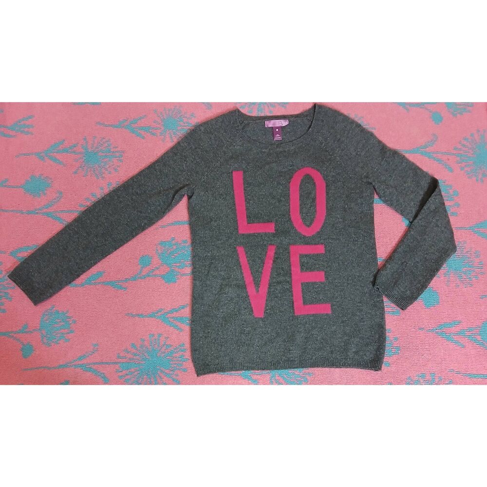 Aqua cashmere womens small gray sweater 100% cashmere pink love graphic